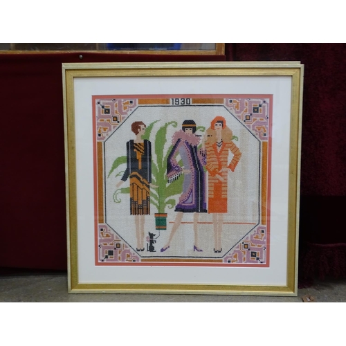 11 - A modern tapestry picture dated 1930 depicting three young women in period costume, another dated 19... 