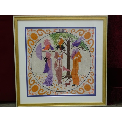 11 - A modern tapestry picture dated 1930 depicting three young women in period costume, another dated 19... 