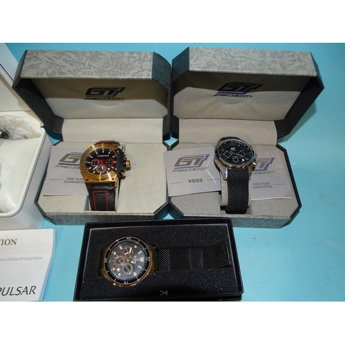 145 - Two GT Precision VelociTech wristwatches and four other modern gents wristwatches by Reward, Pulsar ... 