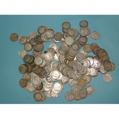 149 - A quantity of silver 3d coins, 271g, 8.75oz.