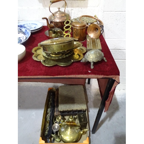 62 - A copper kettle, a brass chestnut roaster, a brass tray and other copper and brass ware and mis... 