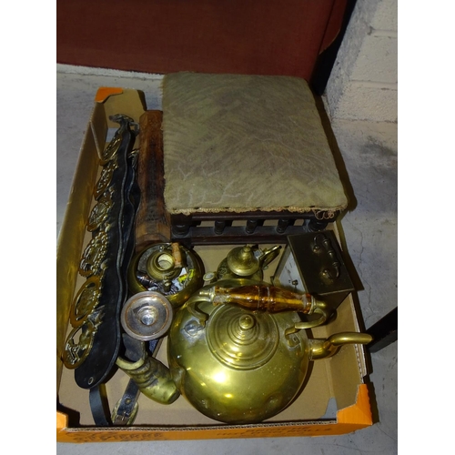 62 - A copper kettle, a brass chestnut roaster, a brass tray and other copper and brass ware and mis... 