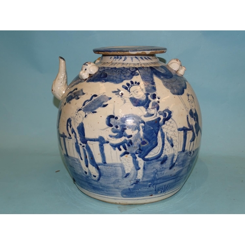 97 - A late 19th/early 20th century Chinese teapot of exaggerated globe form with blue and white decorati... 