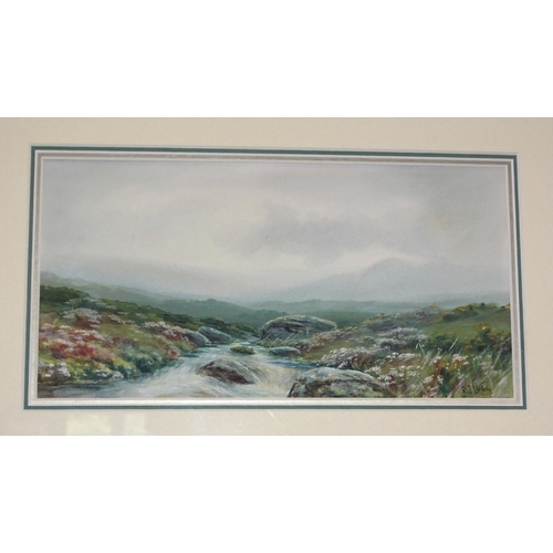 31 - D H Pinder, 'The Lyd, Dartmoor', a signed and titled watercolour, 10 x 32cm, R J Lugg 'Moorland Stre... 