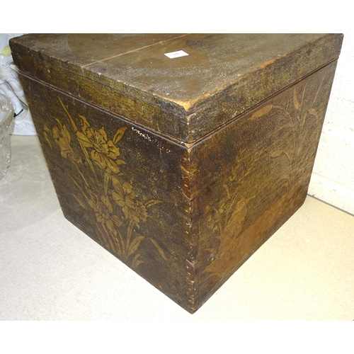 41 - An early-20th century pokerwork wooden gramophone record box, the sides decorated with flowers and b... 