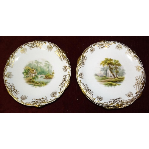 46 - An eight-piece mid-19th century Davenport dessert service decorated with central painted landscape s... 