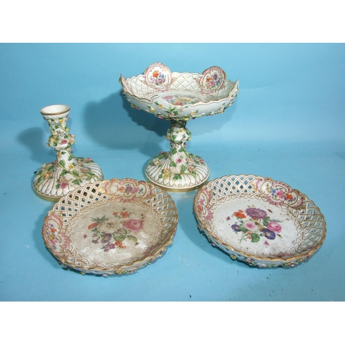 70 - A pair of 19th century Meissen porcelain pierced and encrusted dishes, a similar comport (a/f) and a... 