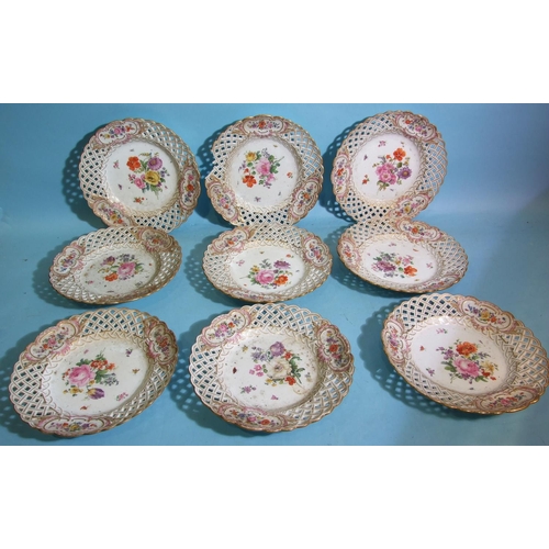 70 - A pair of 19th century Meissen porcelain pierced and encrusted dishes, a similar comport (a/f) and a... 