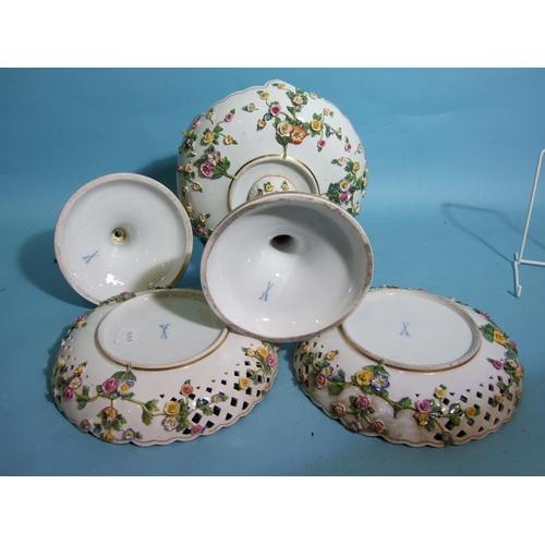 70 - A pair of 19th century Meissen porcelain pierced and encrusted dishes, a similar comport (a/f) and a... 