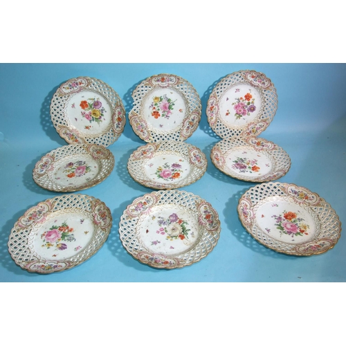 70 - A pair of 19th century Meissen porcelain pierced and encrusted dishes, a similar comport (a/f) and a... 