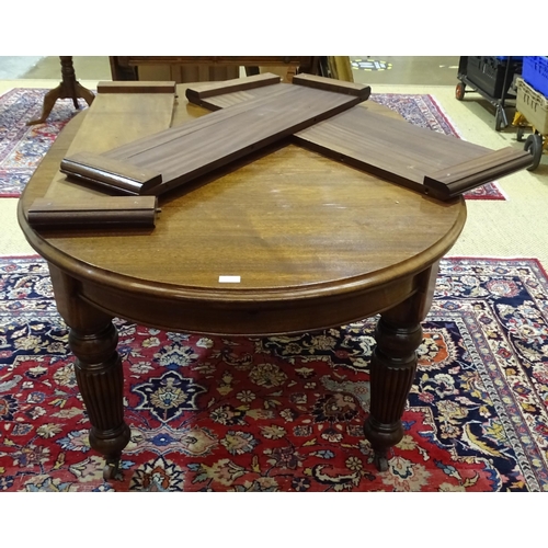 3 - An Edwardian mahogany extending dining table with rounded ends and three spare leaves, on turned ree... 