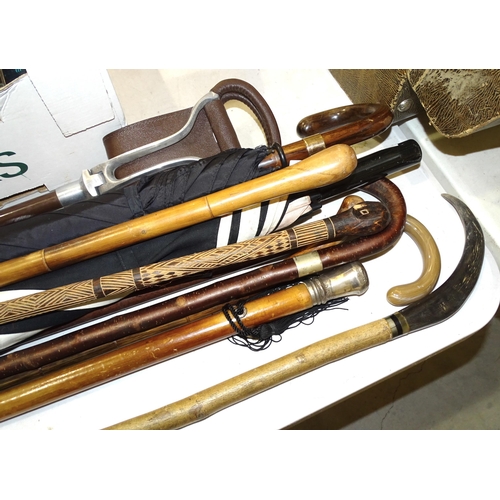 78 - A collection of silver-topped walking canes, others, walking sticks, a Goodwood Road Racing Company ... 