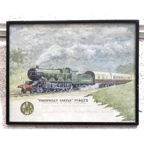 81 - A framed unsigned watercolour of steam engine 