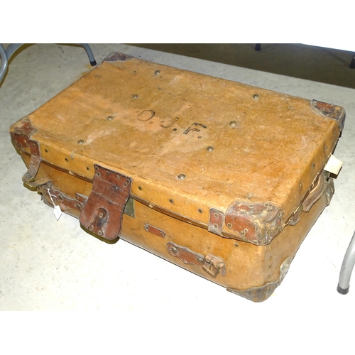 86 - A large leather trunk, various ceramics, metalware and miscellaneous items.