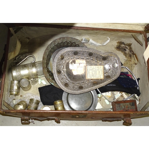 86 - A large leather trunk, various ceramics, metalware and miscellaneous items.