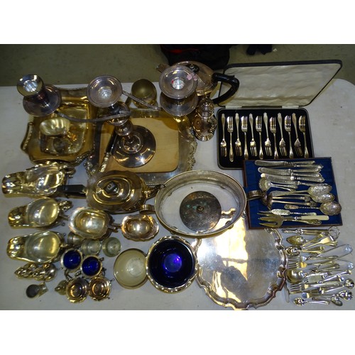 84 - A collection of plate and metalware including a three-light candelabra, various cruets and other ite... 