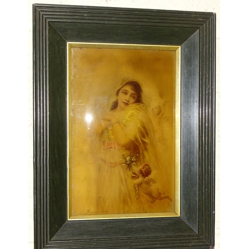 77 - A framed crystoleum after Edouard Bisson, depicting a young woman and two cherubs, 25 x 16cm, E Grav... 