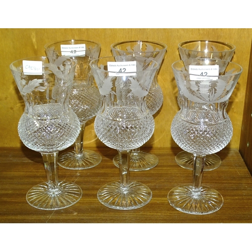 42 - Edinburgh Crystal, a harlequin set of six etched thistle and hobnail-decorated wine glasses, 18.5cm ... 