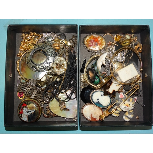 111 - A quantity of costume jewellery, including some silver jewellery and diamanté cat brooches, etc.... 