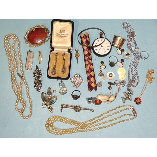 117 - A pair of white metal ear drops set marcasite, a large agate brooch, a silver-cased pocket watch (a/... 