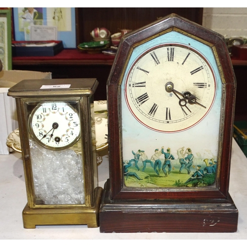 62 - A small late-19th century four-glass brass mantel clock with enamel dial and mercury-filled pendulum... 