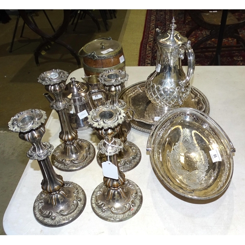 85 - A set of four 19th century plated candlesticks, 25cm high, a WMF plated three-piece bachelor's tea s... 