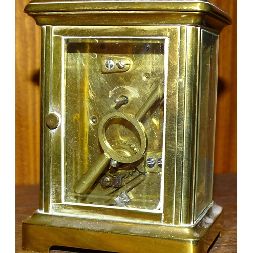 86 - A French brass-cased carriage clock, the dial with Roman numerals, marked Dear, 35 Knightsbridge, SW... 