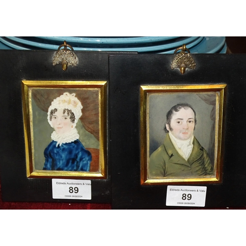 89 - Two watercolour miniatures on paper 'Lady and Gentleman', 8.5 x 7cm and two framed miniature Baxter ... 