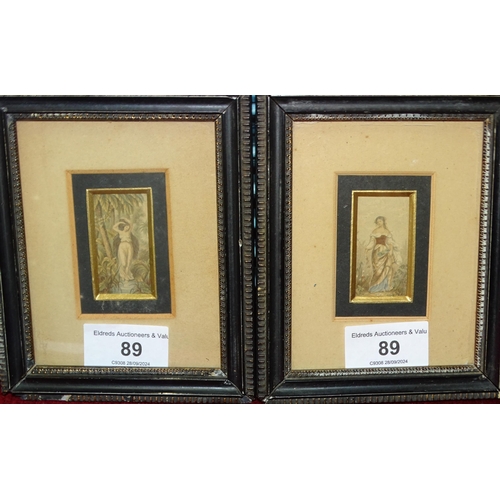 89 - Two watercolour miniatures on paper 'Lady and Gentleman', 8.5 x 7cm and two framed miniature Baxter ... 