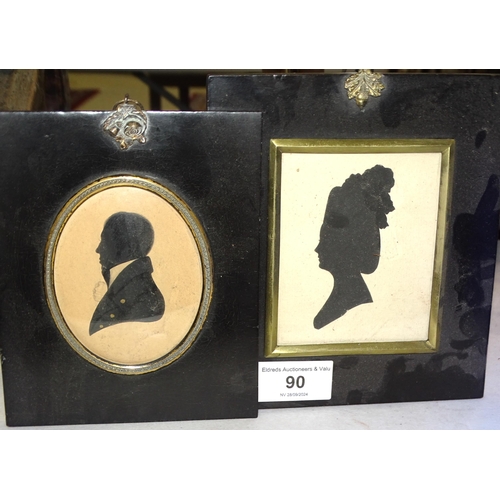 90 - Two framed silhouettes, other silhouette frames, a brass circular tray and other items.... 