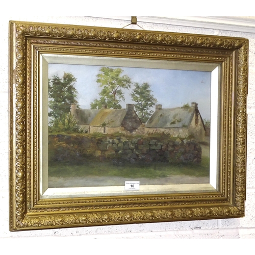 10 - Late-19th/early-20th century, 'Group of three thatched cottages behind a stone wall', unsigned oil o... 