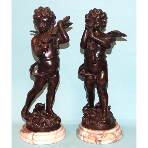 27 - After L F Moreau, a pair of bronzed metal figures of cherub musicians playing a violin and a saxopho... 