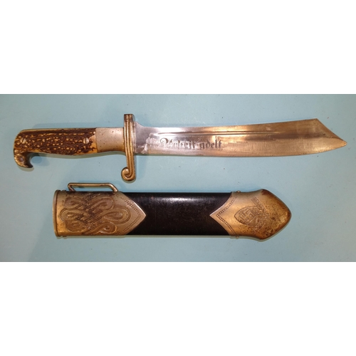 509 - Carl Eickhorn, a WWII German Rad Hewer enlisted man's dagger, stag horn grips with stylised eagle's ... 