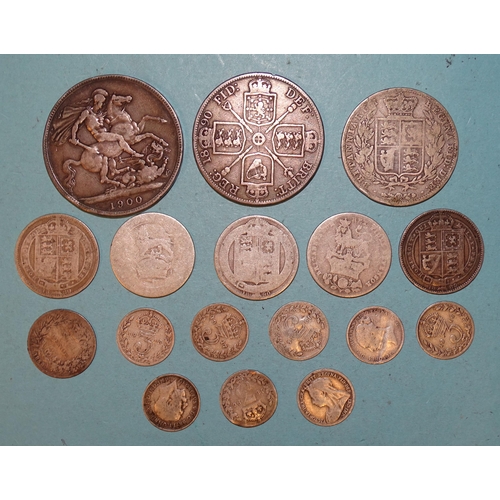 112 - A small collection of pre-1920 British silver coinage, including a Victoria 1900 crown, Victoria 189... 