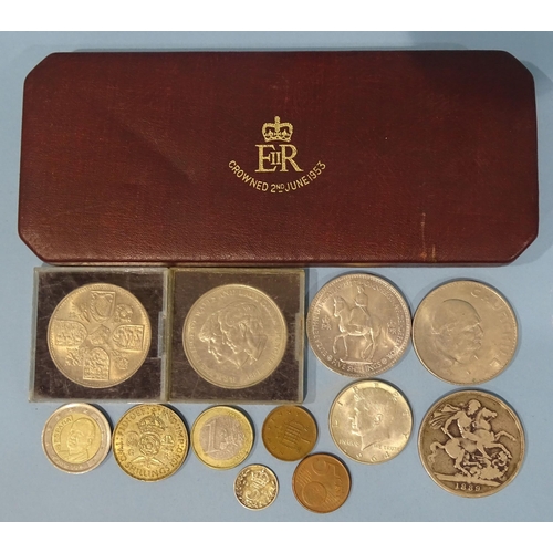 114 - A Victoria 1889 crown, a Royal Mint cased 1953 Coronation part-set, (farthing lacking) and other coi... 