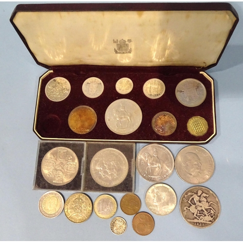 114 - A Victoria 1889 crown, a Royal Mint cased 1953 Coronation part-set, (farthing lacking) and other coi... 