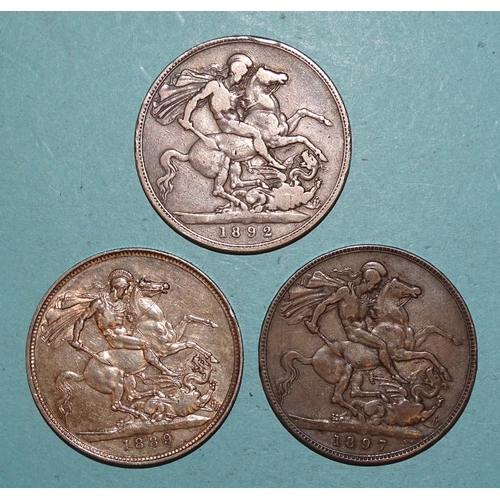 126 - Three Victoria crowns: 1889, 1892 and 1897, (3).