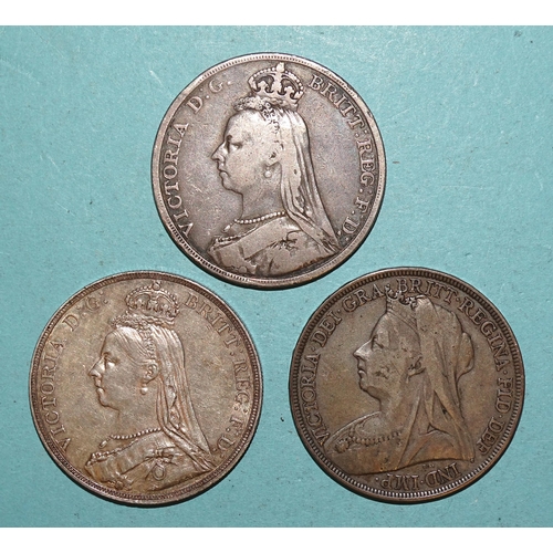 126 - Three Victoria crowns: 1889, 1892 and 1897, (3).