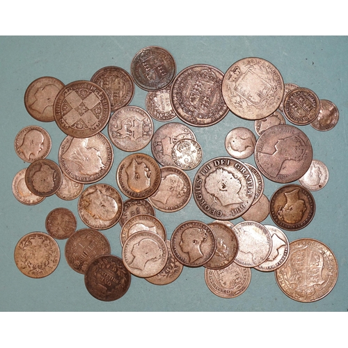 127 - A collection of British pre-1920 silver coinage, including an 1819 half-crown, two Gothic florins 18... 