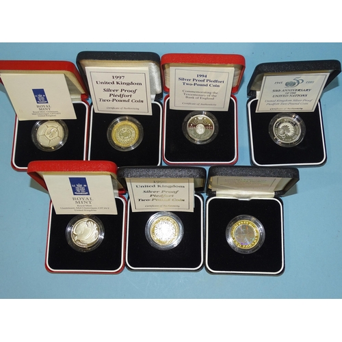 143 - The Royal Mint, a collection of seven cased silver proof Piedfort £2 coins, comprising: 1994 B... 