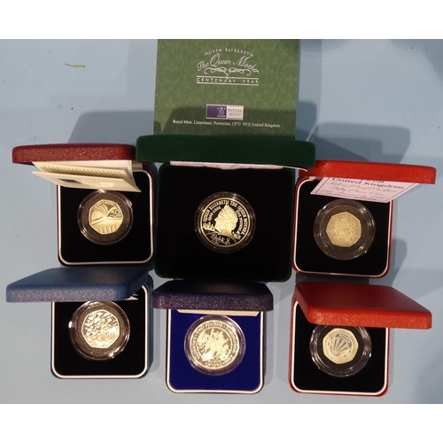 145 - The Royal Mint, a collection of six cased silver proof Piedfort coins, comprising: 2000 The Queen Mo... 