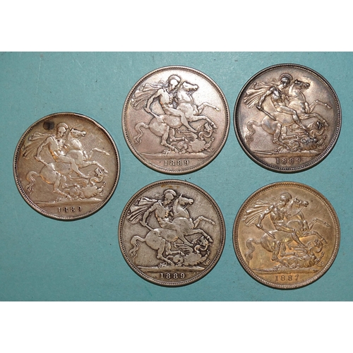 161 - Victoria (1837-1901), a collection of five crowns: 1887 and 1889 (x4), (5).