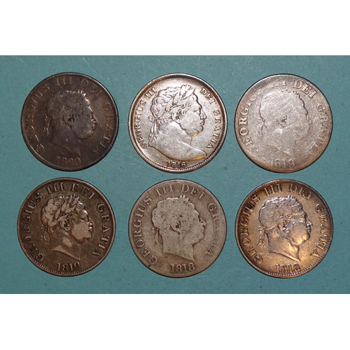 165 - George III (1760-1820), a collection of six half-crowns: 1816, 1818 (x2), 1819 (x2) and 1820, (6).... 