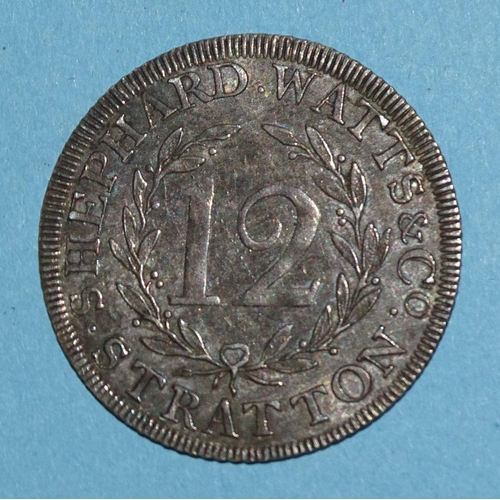 169 - Cornwall, Stratton, John Shephard and Richard Watts, 1811 silver twelve-penny token, arms North Corn... 