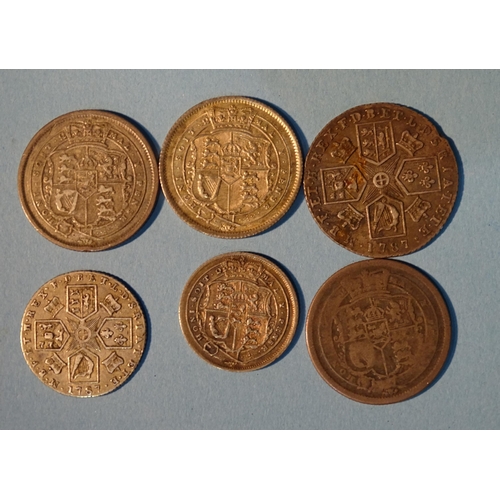 172 - George III (1760-1820), shilling 1787, sixpence 1787, sixpence 1816, shilling 1817 (x2) and shilling... 