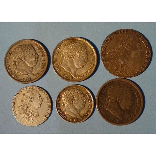 172 - George III (1760-1820), shilling 1787, sixpence 1787, sixpence 1816, shilling 1817 (x2) and shilling... 