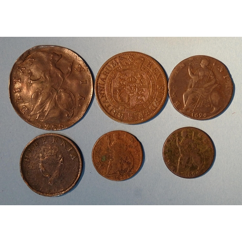 176 - Charles II (1660-1685), 1673 farthing, William & Mary (1689-1694) 1694 farthing, 1694 half-penny... 