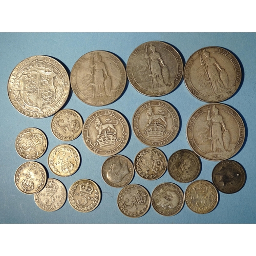 181 - Edward VII (1901-1910), a small collection of silver coinage, comprising 1906 half-crown, florins (x... 