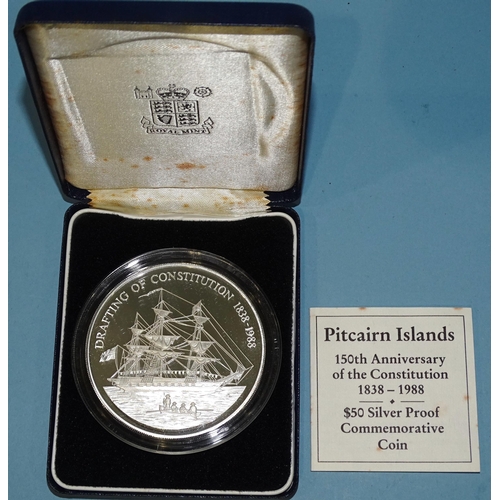 186 - A cased 1988 Pitcairn Islands silver proof $50 commemorative coin, with certificate of authenticity,... 