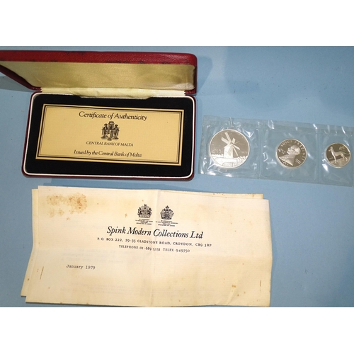 191 - Central Bank of Malta, a 1977 proof silver three-coin set, comprising £5, £2, and £... 